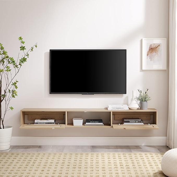 Walker Edison Modern Rattan Flip-Down-Door Wall-Mounted Floating Stand for TVs up to 80 Inches, 70 Inch, Coastal Oak - LeafyLoom