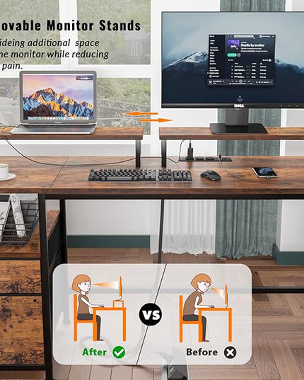Furologee Desk with Drawer and Power Outlets, 55" Large Compter Desk with Fabric File Cabinet and 2 Movable Monitor Shelf, Writing Gaming Table with CPU Stand and 2 Hooks for Home Office, Rustic Brown - LeafyLoom