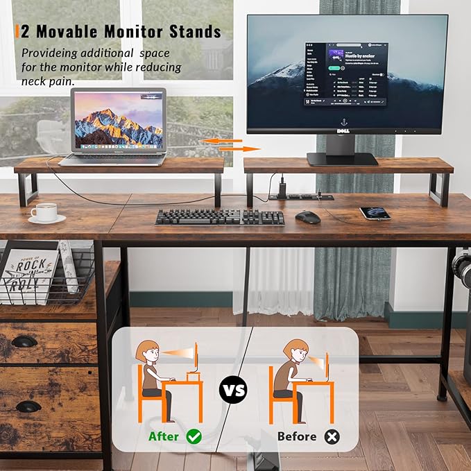 Furologee Desk with Drawer and Power Outlets, 55" Large Compter Desk with Fabric File Cabinet and 2 Movable Monitor Shelf, Writing Gaming Table with CPU Stand and 2 Hooks for Home Office, Rustic Brown - LeafyLoom
