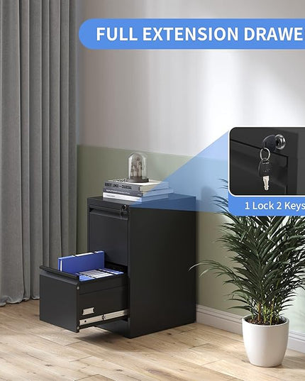 Vertical File Cabinet with Drawers, 2 Drawer File Cabinet for Home Office, Locking File Cabinet Hanging Files for A4/ Legal/Letter, Black - LeafyLoom