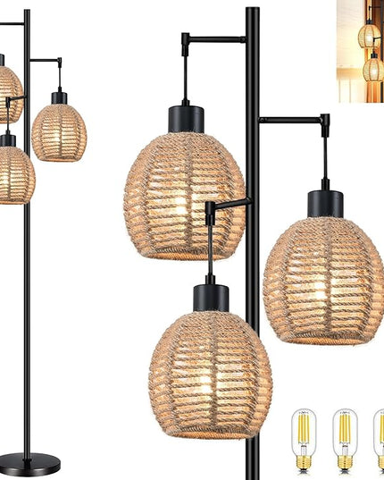 Rattan Floor Lamp for Living Room,Bedroom,Tree 3 Lights Boho Floor Lights Industrial Black Farmhouse Wicker Standing Lamp Rustic Tall Lamp,Woven Bamboo Lamp Shade Floor Lamps Bohemian - LeafyLoom