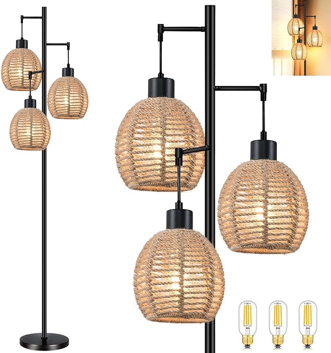 Rattan Floor Lamp for Living Room,Bedroom,Tree 3 Lights Boho Floor Lights Industrial Black Farmhouse Wicker Standing Lamp Rustic Tall Lamp,Woven Bamboo Lamp Shade Floor Lamps Bohemian - LeafyLoom