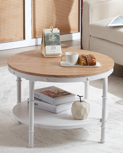 VINGLI 25.6" Natural White Round Farmhouse Coffee Table, 2-Tier Storage Wood Center Circle Accent Table for Living Room, Bedroom, Apartment, Studio and Small Spaces, Sturdy Metal Frame, Natural Color - LeafyLoom