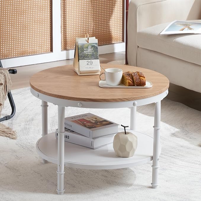 VINGLI 25.6" Natural White Round Farmhouse Coffee Table, 2-Tier Storage Wood Center Circle Accent Table for Living Room, Bedroom, Apartment, Studio and Small Spaces, Sturdy Metal Frame, Natural Color - LeafyLoom