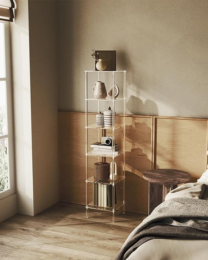 6 Tier Square Acrylic Bookshelf, Small Bookcase with Acrylic Fittings for Fixing to Wall, Corner Display Shelf for Living Room, Bedroom, Bathroom, Small Spaces, Clear, 11.6'' W x 53.9'' H - LeafyLoom
