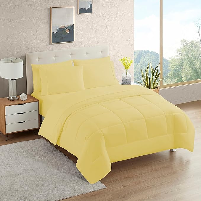 Dorm Room Essentials College Bedding Comforter Set 5 Piece Twin Size Bed in a Bag for College Students Boys and Girls, Twin, Yellow - LeafyLoom