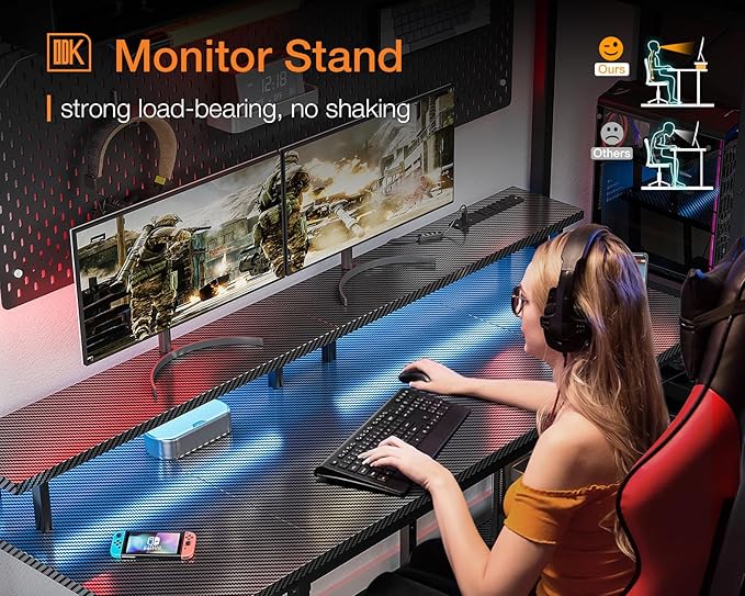 ODK 55 inch Computer Desk with Power Outlets & LED Lights, Gaming Desk with Monitor Stand & Storage Sheves, Home Office Desk, Carbon Fiber Black - LeafyLoom