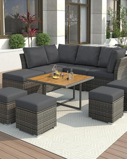 9-Pieces Outdoor Rattan Sectional Sofa Set, Wicker Patio Conversation Furniture with L-shape Couch&Storage Ottomans, Acacia Wood Coffee Table, for Garden Yard, Grey Wicker&Grey Cushion - LeafyLoom