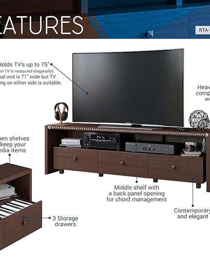 Techni Mobili Elegant 75" with Storage TV Stand, Hickory - LeafyLoom