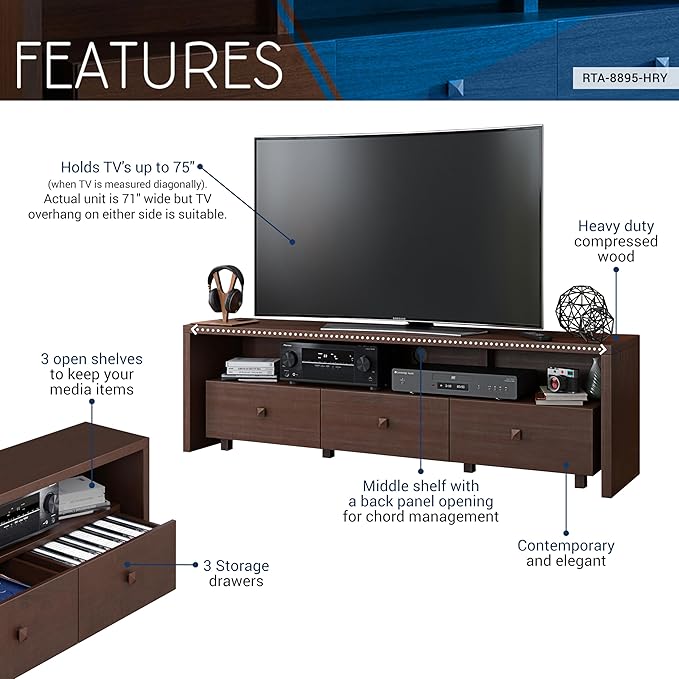 Techni Mobili Elegant 75" with Storage TV Stand, Hickory - LeafyLoom