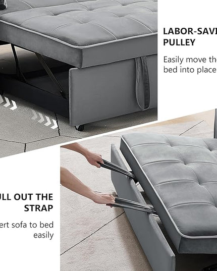 3 in 1 Loveseat Sofa Bed, Pull Out Couch Sleeper with Storage, Full Size Velvet Convertible Chair with 2 Pockets & 2 Pillows for Living Room, Grey - LeafyLoom