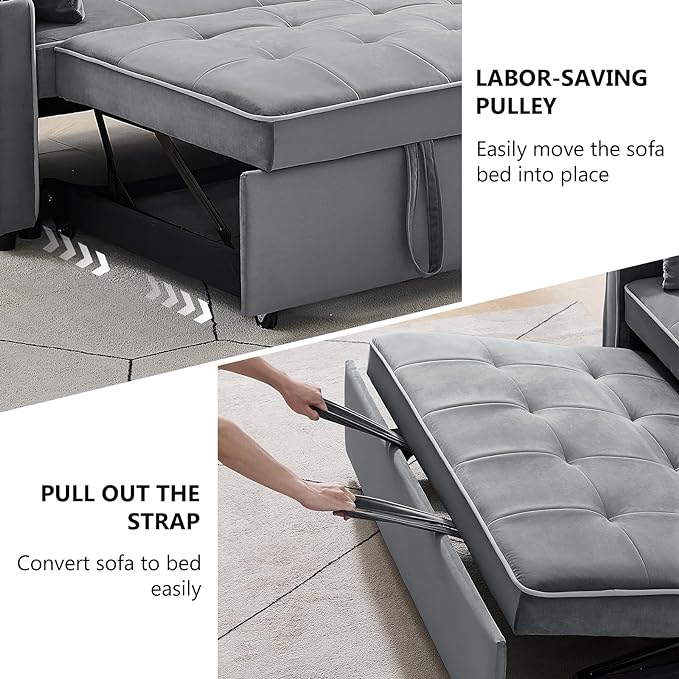 3 in 1 Loveseat Sofa Bed, Pull Out Couch Sleeper with Storage, Full Size Velvet Convertible Chair with 2 Pockets & 2 Pillows for Living Room, Grey - LeafyLoom