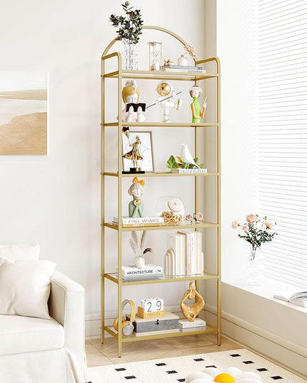 Bookcase Bookshelf, Tempered Glass Bookshelves, Slim Shelving Unit for Bedroom, Bathroom, Home Office, Steel Frame, 6 Tier Gold BC21699G - LeafyLoom