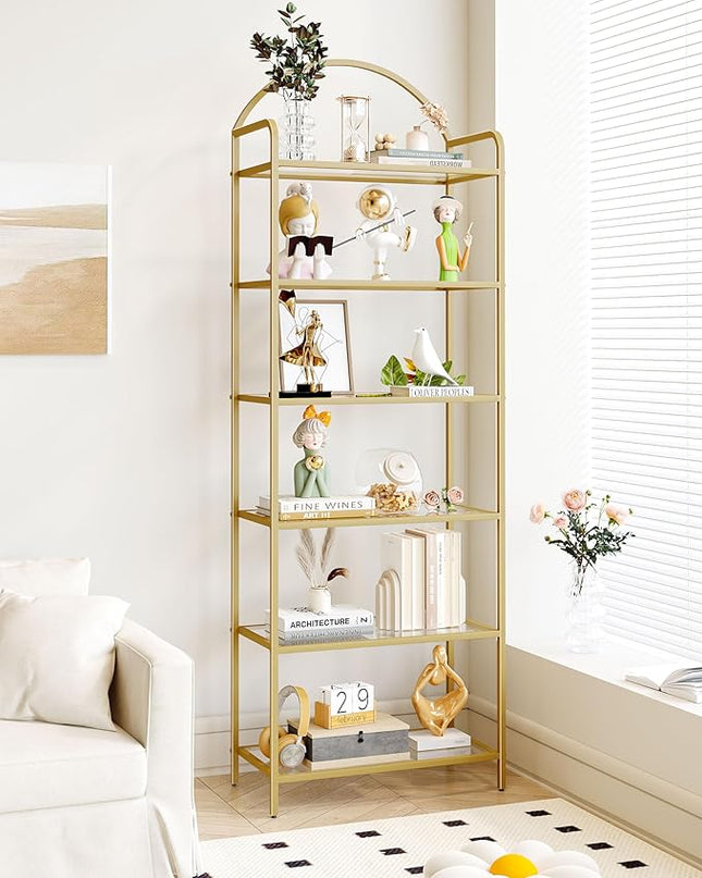 Bookcase Bookshelf, Tempered Glass Bookshelves, Slim Shelving Unit for Bedroom, Bathroom, Home Office, Steel Frame, 6 Tier Gold BC21699G - LeafyLoom
