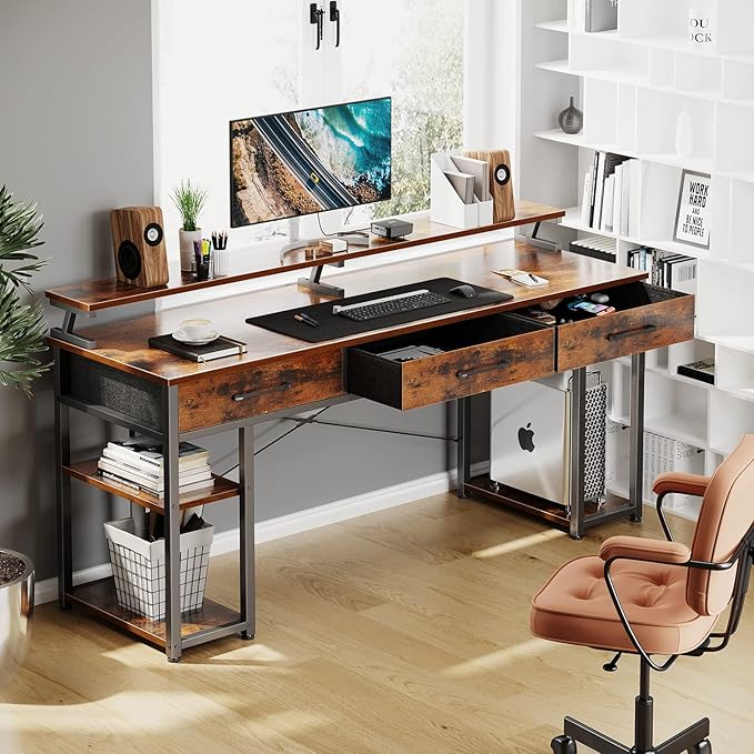 ODK Computer Desk with Drawers and Storage Shelves, 63 inch Home Office desk with Monitor Stand, Modern Work Study writing table Desk for Small Spaces, Vintage - LeafyLoom