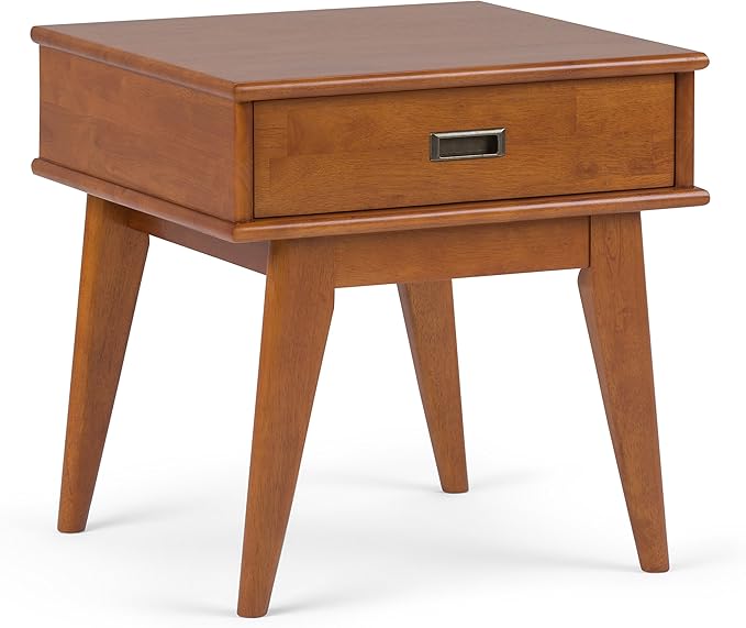 SIMPLIHOME Solid Hardwood 22 Inch Mid Century Bookcase, End Table and Storage Unit Bundle in Teak Brown, 6 Shelves and Drawer - LeafyLoom