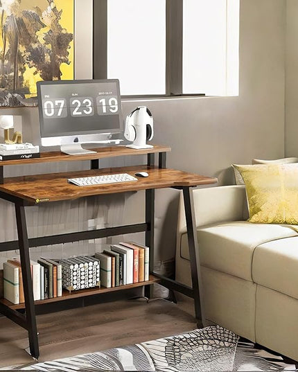 Small Computer Desk for Small Spaces - 33.5" Inch Modern Writing Table with Monitor Storage Shelf for Home Office and Study, Compact Laptop Desk in Simple and Sleek Style - LeafyLoom