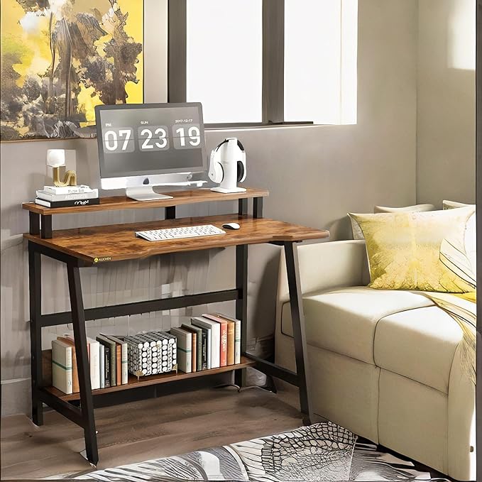 Small Computer Desk for Small Spaces - 33.5" Inch Modern Writing Table with Monitor Storage Shelf for Home Office and Study, Compact Laptop Desk in Simple and Sleek Style - LeafyLoom