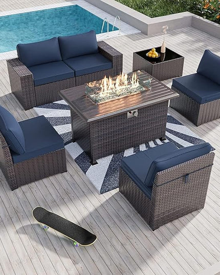 Kullavik 7 Pieces Outdoor Patio Furniture Set with 43" 55000BTU Gas Propane Fire Pit Table PE Wicker Rattan Sectional Sofa Patio Conversation Sets,Navy Blue - LeafyLoom