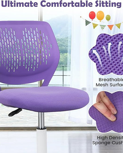 Kids Desk Chair, Purple Ergonomic Kids Office Chair Ages8-12 w/Lumbar Support, Low-Back Teen Desk Chair for Girls Boys, Small Cute Kids Computer Chair for Bedroom/Study/Vanity Desk - LeafyLoom