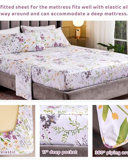 QSH Floral Queen Size Sheet Sets - Yellow Flower Botanical Pattern Egyptian Cotton Printed Bedding Sheets set Queen Size Bed Extra Breathable 4pcs Queen Sheet Set Deep Pocket 17.5" - LeafyLoom