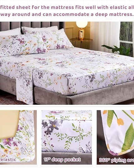QSH 100% Egyptian Cotton Cal King Sheets, Yellow Flower Plant Pattern Botanical Luxury Cotton Printed Flower California King Bedding Sheets, 4pcs Deep Pocket California King Floral Bed Sheet Set - LeafyLoom