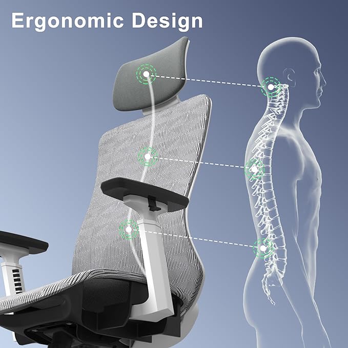 Ergonomic Mesh Office Chair, Computer Desk Chair with 3D Armrests, Adjustable Lumbar Cushion & Adjustable Headrest, High Back Home desk Chair with Tilt Function, Mesh Backrest & Seat - LeafyLoom