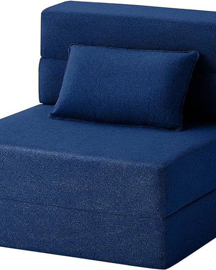 Convertible Folding Sofa Bed - Sleeper Chair with Pillow, Modern Linen Fabric Floor & Futon Couch, Foldable Mattress for Living Room/Dorm/Guest Use/Home Office/Apartment, Single Size, Navy Blue - LeafyLoom