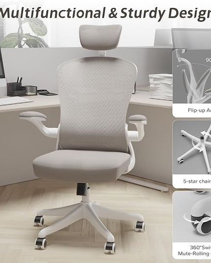 Ergonomic Office Chair Home Desk Office Chair with Flip-Armrest & Cushion for Lumbar Support, high Back Computer Chair with Thickened Cushion Desk Chairs Gray - LeafyLoom