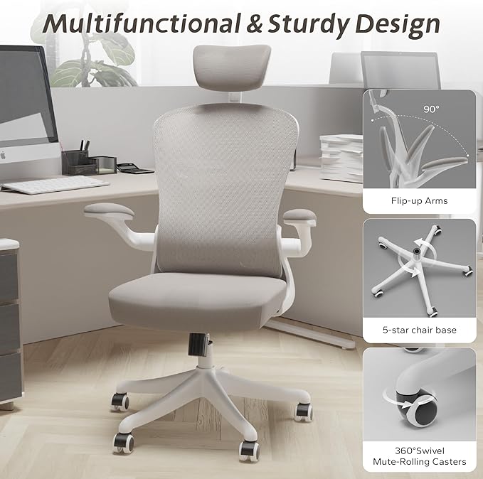 Ergonomic Office Chair Home Desk Office Chair with Flip-Armrest & Cushion for Lumbar Support, high Back Computer Chair with Thickened Cushion Desk Chairs Gray - LeafyLoom