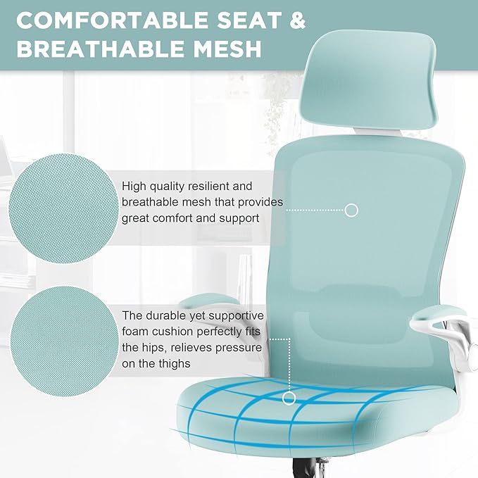 Mimoglad Office Chair, High Back Ergonomic Desk Chair with Adjustable Lumbar Support and Headrest, Swivel Task Chair with flip-up Armrests for Guitar Playing, 5 Years Warranty - LeafyLoom