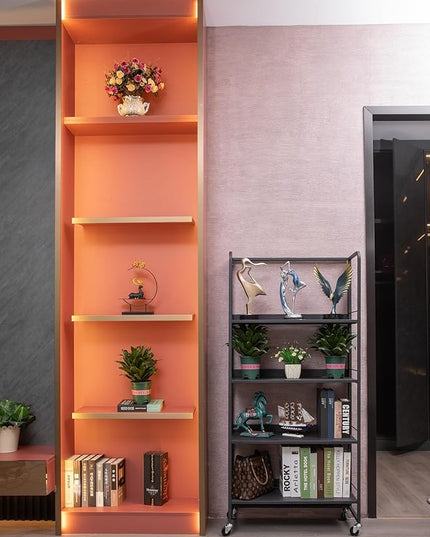 No-Assembly Folding Bookshelf Storage Rack Shelves with Castors 4 Tiers Vintage Bookcase Standing Racks Multifunctional Plant Flower Stand Study Organizer for Home Office (Metal,Deep Grey) - LeafyLoom