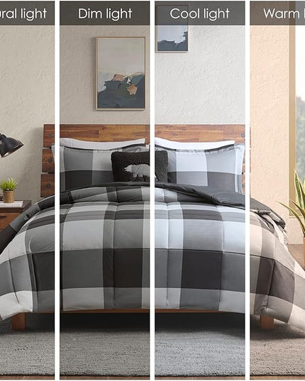 Woolrich Comforter Set, Cabin Lodge, Warm Cover for Colder Season, Modern Cottage-Inspired Down Alternative Ultra Soft Microfiber Bedding, Matching Sham, Plaid Grey/Black Twin 3 Piece - LeafyLoom
