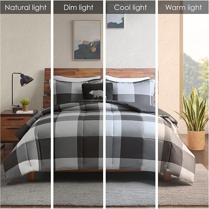 Woolrich Comforter Set, Cabin Lodge, Warm Cover for Colder Season, Modern Cottage-Inspired Down Alternative Ultra Soft Microfiber Bedding, Matching Sham, Plaid Grey/Black Twin 3 Piece - LeafyLoom