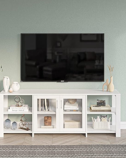 Panana TV Stand Television Stands Cabinet with 2 Doors 4 Open Cubby Storage Cabinets for Living Room Bedroom for TVs up to 70 Inches (White, 62.99 inch) - LeafyLoom