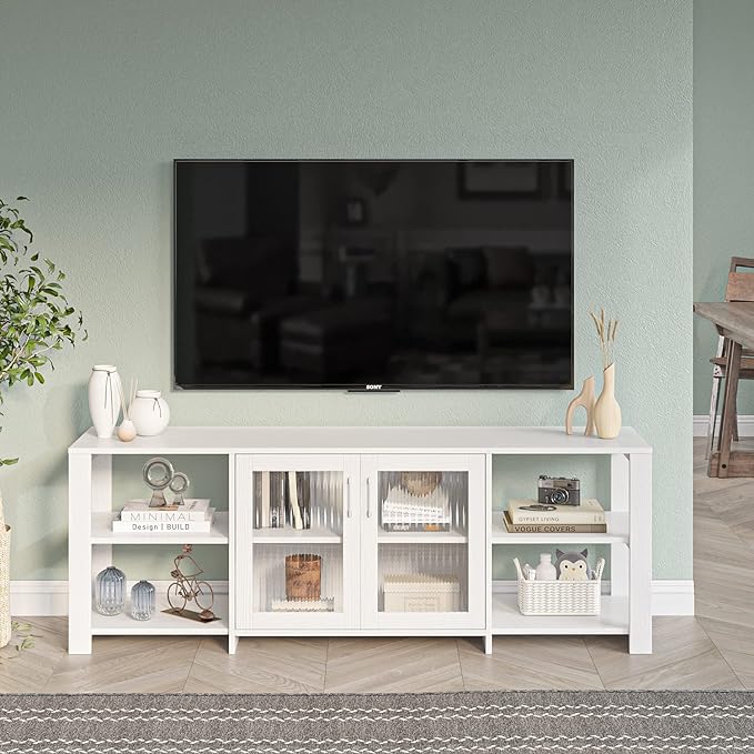 Panana TV Stand Television Stands Cabinet with 2 Doors 4 Open Cubby Storage Cabinets for Living Room Bedroom for TVs up to 70 Inches (White, 62.99 inch) - LeafyLoom
