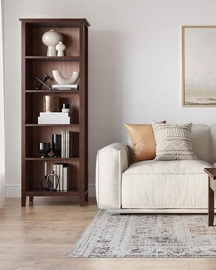 SIMPLIHOME Artisan SOLID WOOD 26 Inch Contemporary 5 Shelf Bookcase in Russet Brown, For the Living Room, Study Room and Office - LeafyLoom