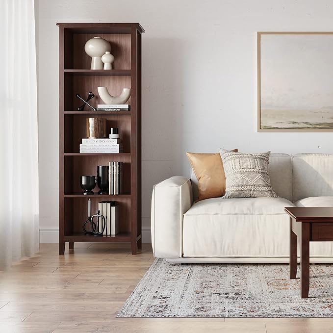 SIMPLIHOME Artisan SOLID WOOD 26 Inch Contemporary 5 Shelf Bookcase in Russet Brown, For the Living Room, Study Room and Office - LeafyLoom