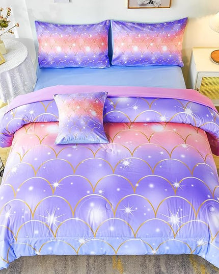 PERFEMET Mermaid Scales Queen Comforter Set 6 Pieces Purple Orange Comforter for Queen Size Bed Teen Girls Glitter Bedding Set Rainbow Tie Dye Bed in A Bag - LeafyLoom