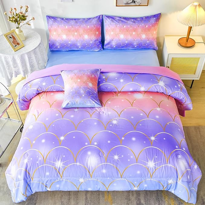 PERFEMET Mermaid Scales Queen Comforter Set 6 Pieces Purple Orange Comforter for Queen Size Bed Teen Girls Glitter Bedding Set Rainbow Tie Dye Bed in A Bag - LeafyLoom