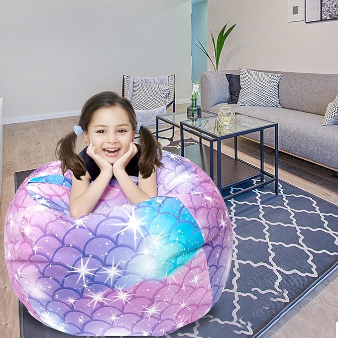 Stuffed Animal Storage Bean Bag Chair Cover, Hold Kids Plush Toys Blankets Towels Beanbag (Cover Only), Floor Circle Stuff Sit Seat Sofa with YKK Zipper, Extra Large 38", Classic Mermaid - LeafyLoom