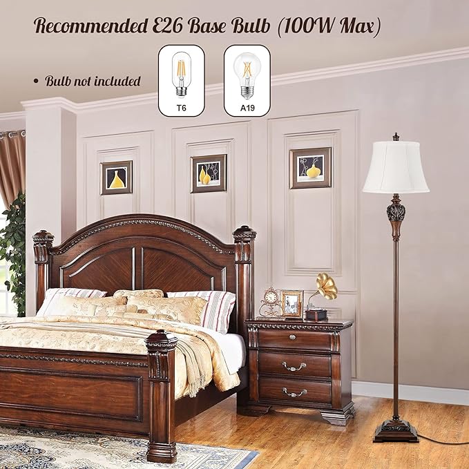 Vintage Floor Lamp for Living Room Traditional Farmhouse Tall Standing Lamp Mid-century Antique Bedroom Pole Lamp with White Fabric Shade Rustic Bright Lighting Elegant Reading Lamp Retro Home Decor - LeafyLoom