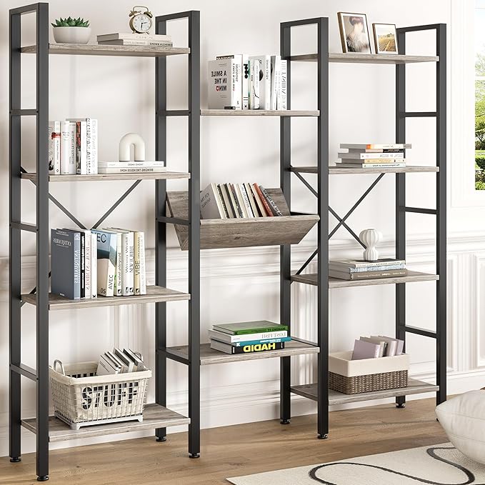 Shintenchi Industrial Bookcase,71.6” Triple 4 Tier Bookshelf with 11 Open Display Shelves,Large Etagere Bookshelf Open Record Player Shelves,Wide Book Shelf Book Case for Home & Office, Grey - LeafyLoom