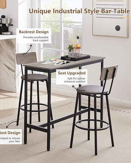Bar Table and 2 Chairs Set, Industrial Style Bar Stools PU Upholstery Seat with Backrest, 3 Pieces Pub Dining Table Set for Kitchen, Apartment, Small Space, Gray - LeafyLoom