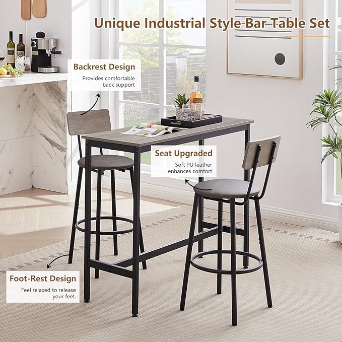 Bar Table and 2 Chairs Set, Industrial Style Bar Stools PU Upholstery Seat with Backrest, 3 Pieces Pub Dining Table Set for Kitchen, Apartment, Small Space, Gray - LeafyLoom