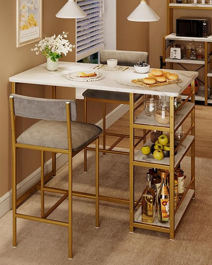 Dining Table Set for 2, Kitchen Table and Velvet Upholstered Chairs for 2, 3 Piece Counter Height Bar Table Set with 3 Large Storage Shelves for Small Space, Apartment, Gray and Gold White - LeafyLoom
