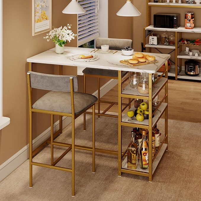 Dining Table Set for 2, Kitchen Table and Velvet Upholstered Chairs for 2, 3 Piece Counter Height Bar Table Set with 3 Large Storage Shelves for Small Space, Apartment, Gray and Gold White - LeafyLoom