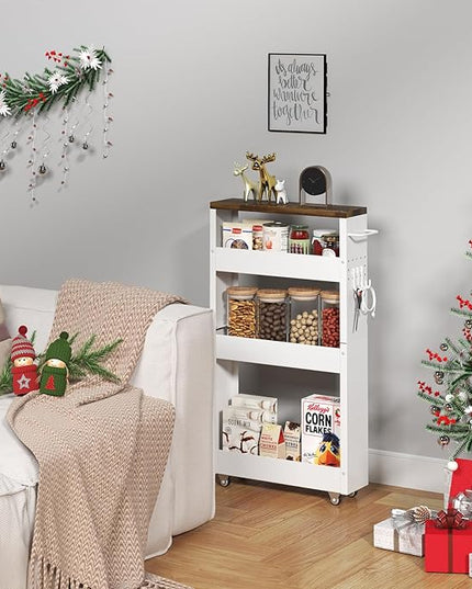Slim Storage Cart, 4-Tier Kitchen Rolling Cart Narrow Storage Cabinet with Handle & Wood Top, Metal Rolling Shelf Unit for Kitchen Bathroom Laundry Small Places(5 in Width/White & Brown) - LeafyLoom