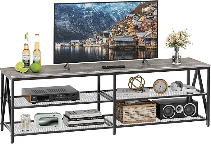 TV Stand for 65 70 Inch TV, Long 63" Entertainment Center 3-Tier TV Console Steel Frame Industrial Style TV Cabinet with Metal Frame for Living Room, Gray - LeafyLoom
