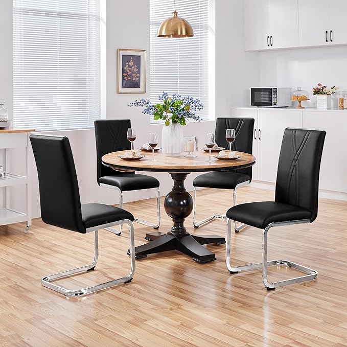 Yaheetech Dining Chairs Set of 4 Modern Dining Room Chairs Kitchen Chairs with Faux Leather Seat, Solid Legs and High Back for Dining Room, Kitchen, Black - LeafyLoom